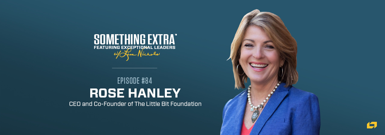 "Something Extra episode 84" blue podcast banner with an image of a woman, Rose Hanley