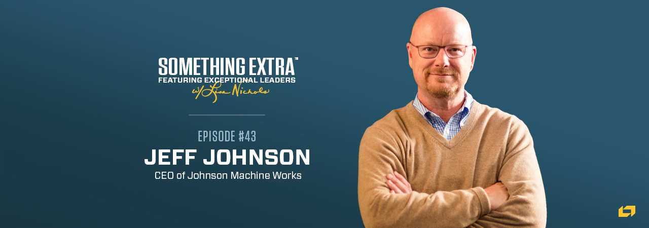 "Something Extra episode 43" blue podcast banner with an image of a man, Jeff Johnson