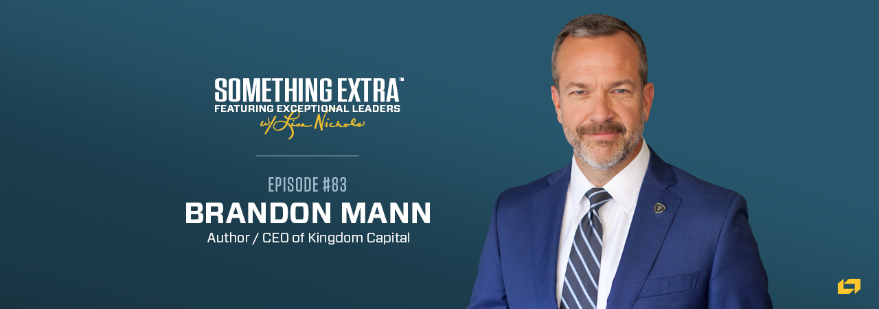 "Something Extra episode 83" blue podcast banner with an image of a man, Brandon Mann