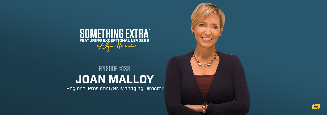 "Something Extra episode 138" blue podcast banner with an image of a woman, Joan Malloy