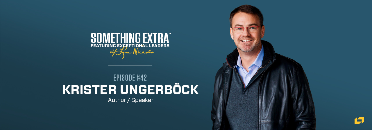 "Something Extra episode 42" blue podcast banner with an image of a man, Krister Ungerbock