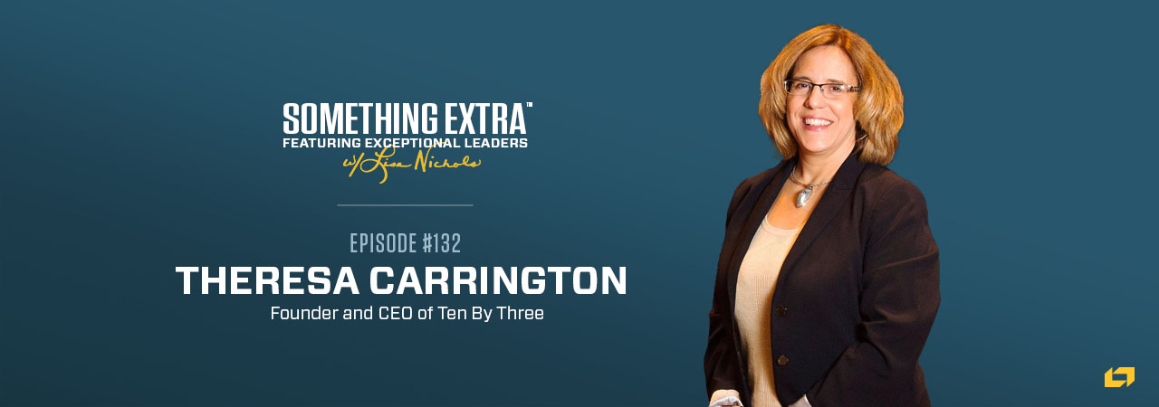 "Something Extra episode 132" blue podcast banner with an image of a woman, Theresa Carrington