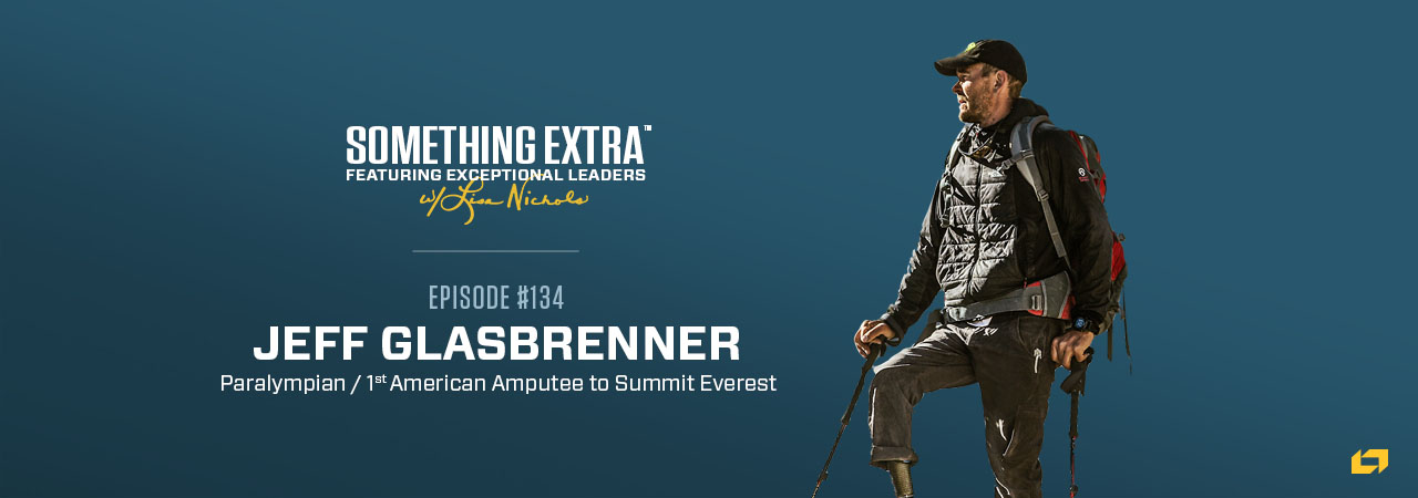 "Something Extra episode 134" blue podcast banner with an image of a man, Jeff Glasbrenner, paralympic