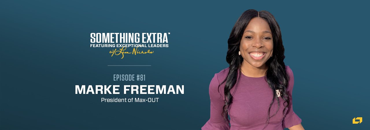 "Something Extra episode 81" blue podcast banner with an image of a woman, Marke Freeman
