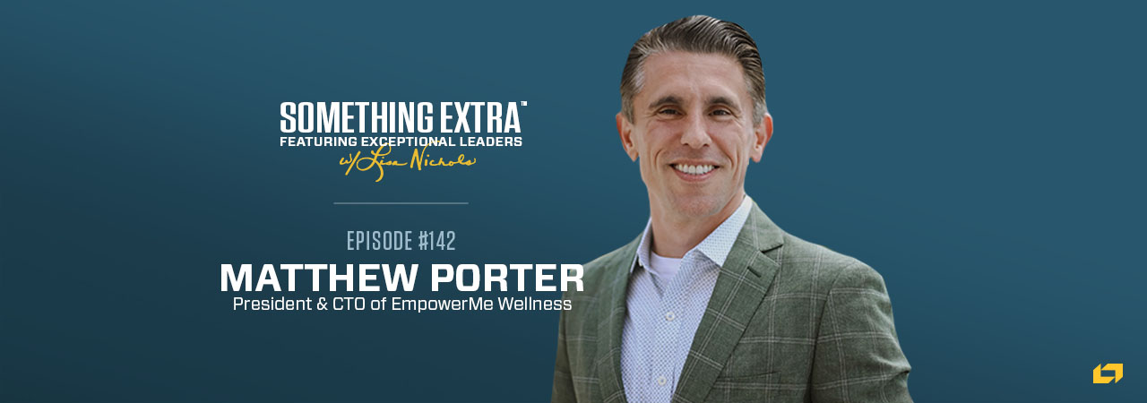 "Something Extra episode 142" blue podcast banner with an image of a man, Matthew Porter