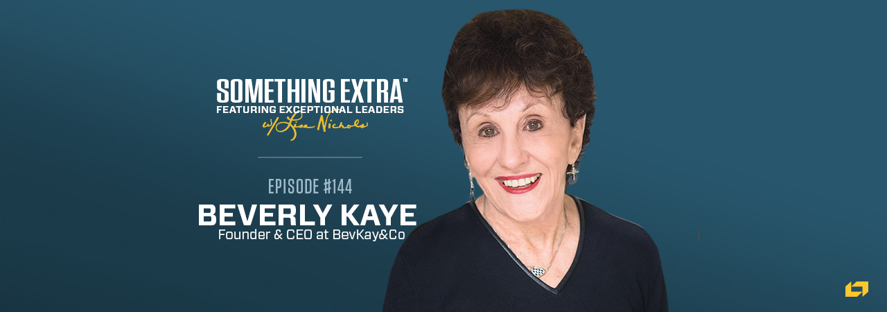 "Something Extra episode 144" blue podcast banner with an image of a woman, Beverly Kaye