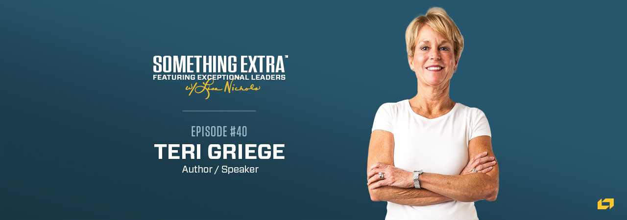 "Something Extra episode 40" blue podcast banner with an image of a woman, Teri Griege