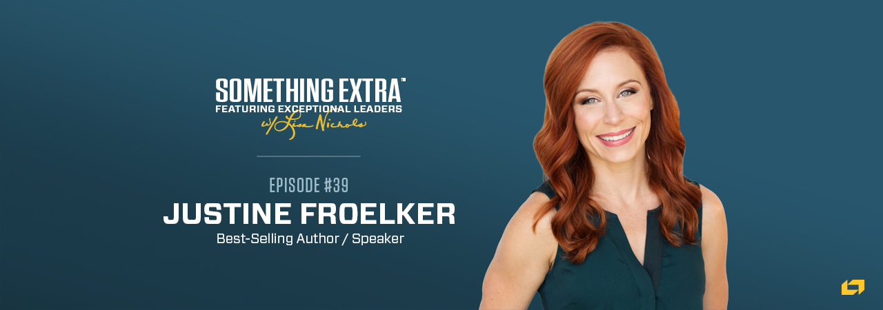 "Something Extra episode 39" blue podcast banner with an image of a woman, Justine Froelker