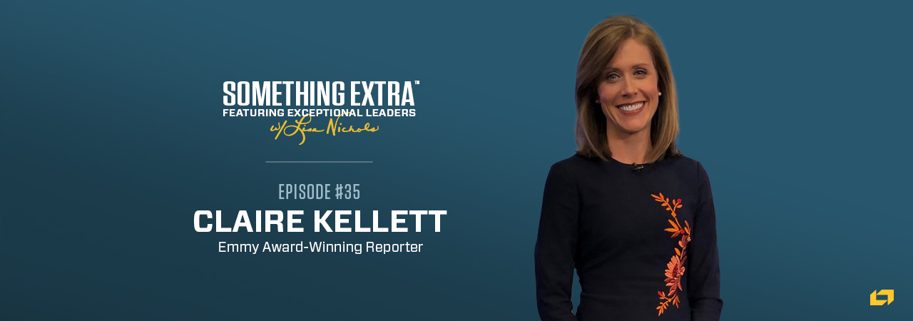 "Something Extra episode 35" blue podcast banner with an image of a woman, Claire Kellett