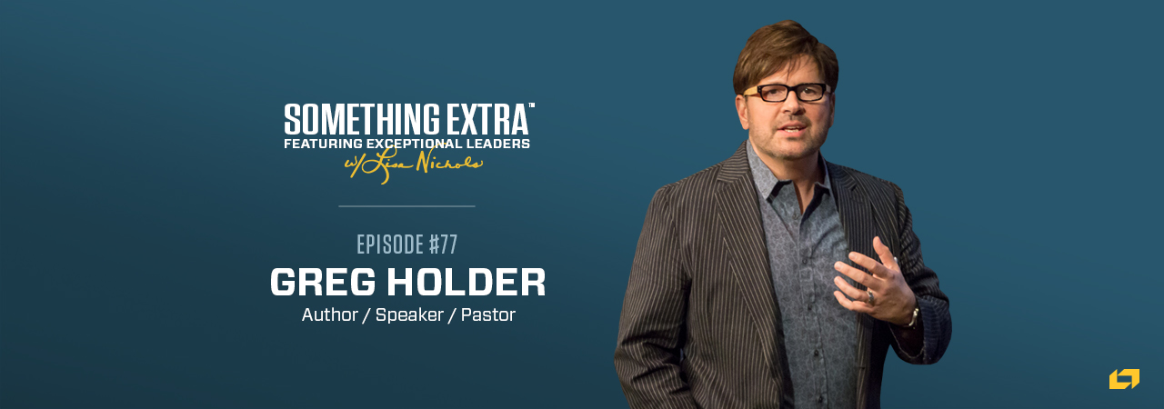 "Something Extra episode 77" blue podcast banner with an image of a man, Greg Holder