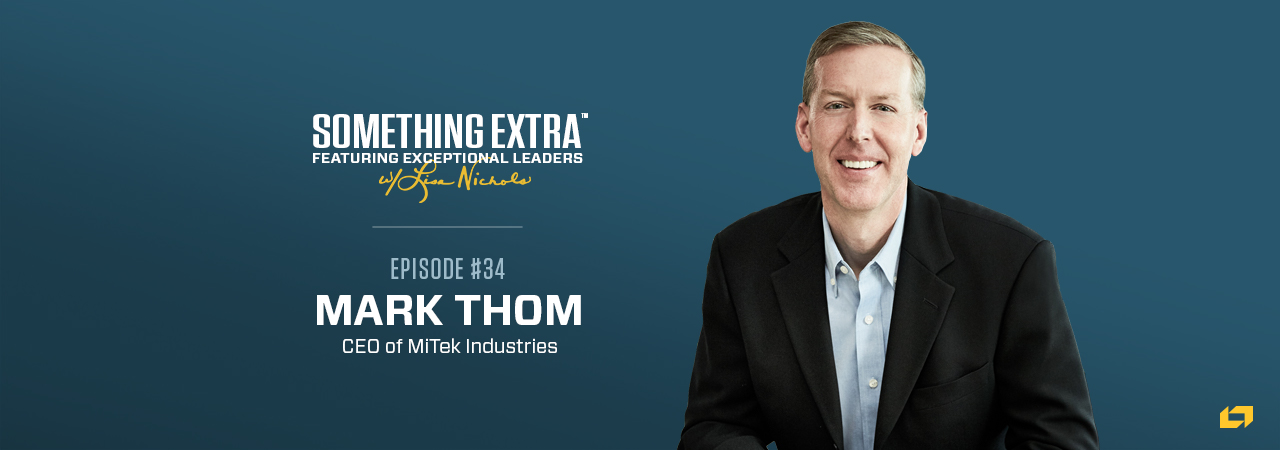 "Something Extra episode 34" blue podcast banner with an image of a man, Mark Thom