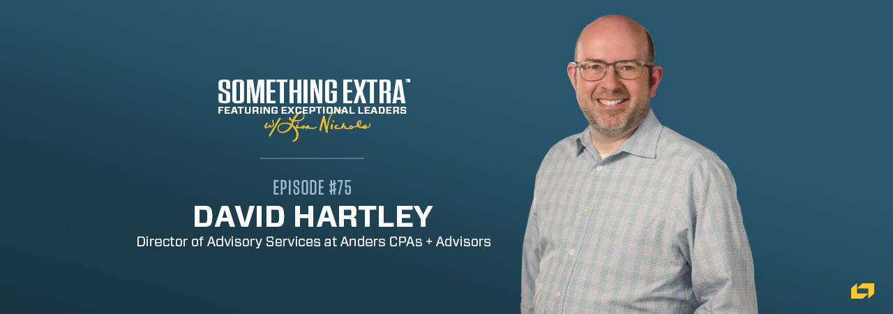 "Something Extra episode 75" blue podcast banner with an image of a man, David Hartley