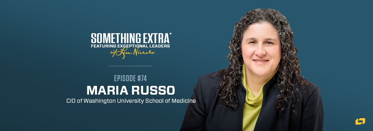 "Something Extra episode 74" blue podcast banner with an image of a woman, Maria Russo
