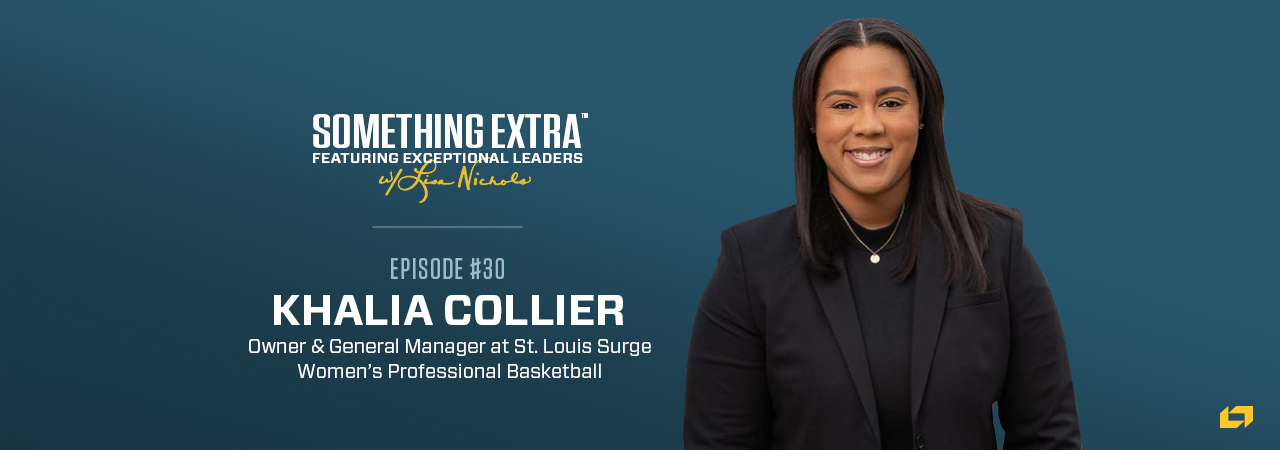 "Something Extra episode 30" blue podcast banner with an image of a woman, Khalia Collier