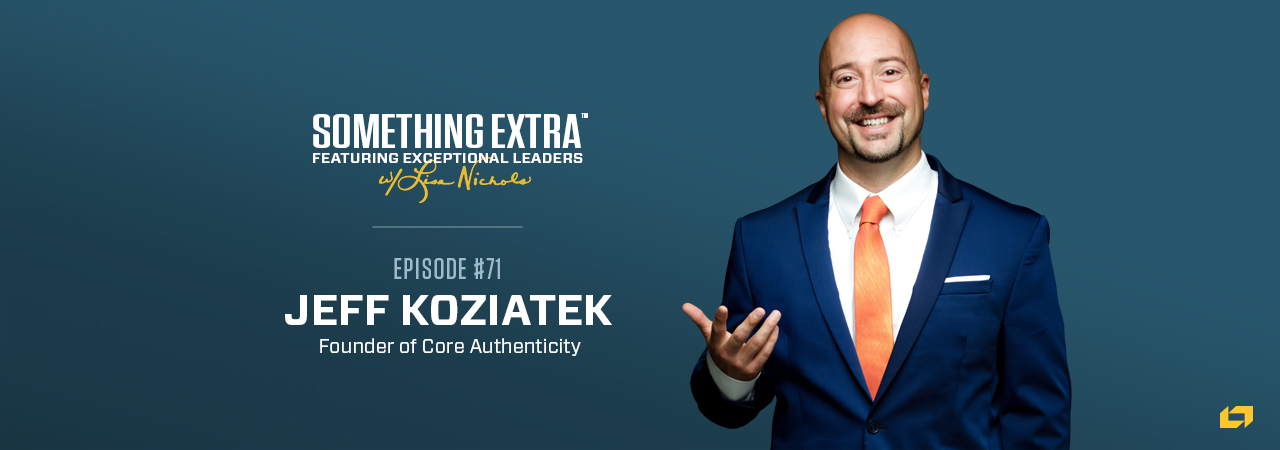 "Something Extra episode 71" blue podcast banner with an image of a man, Jeff Koziatek