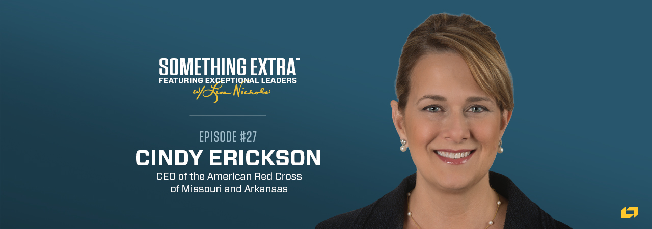 "Something Extra episode 27" blue podcast banner with an image of a woman, Cindy Erickson