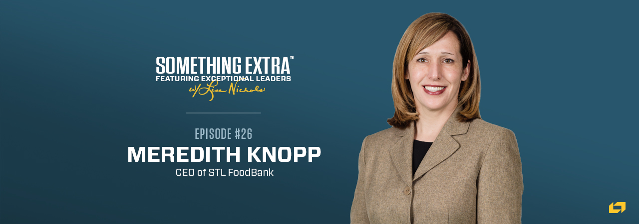 "Something Extra episode 26" blue podcast banner with an image of a woman, Meredith Knopp