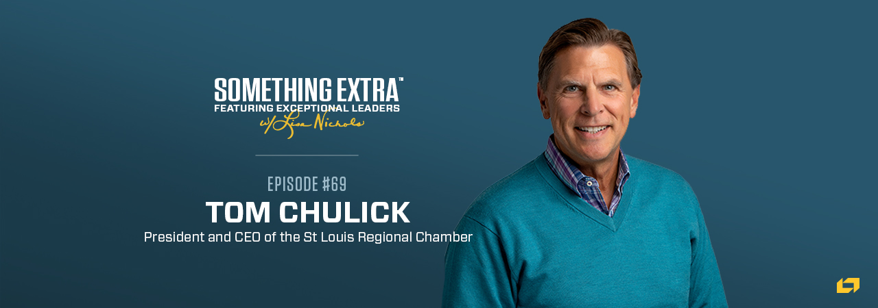"Something Extra episode 69" blue podcast banner with an image of a man, Tom Chulick
