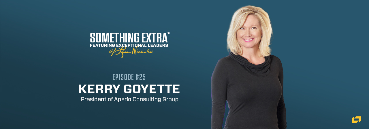 "Something Extra episode 25" blue podcast banner with an image of a woman, Kerry Goyette