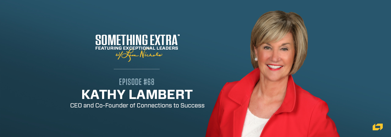 "Something Extra episode 68" blue podcast banner with an image of a woman, Kathy Lambert