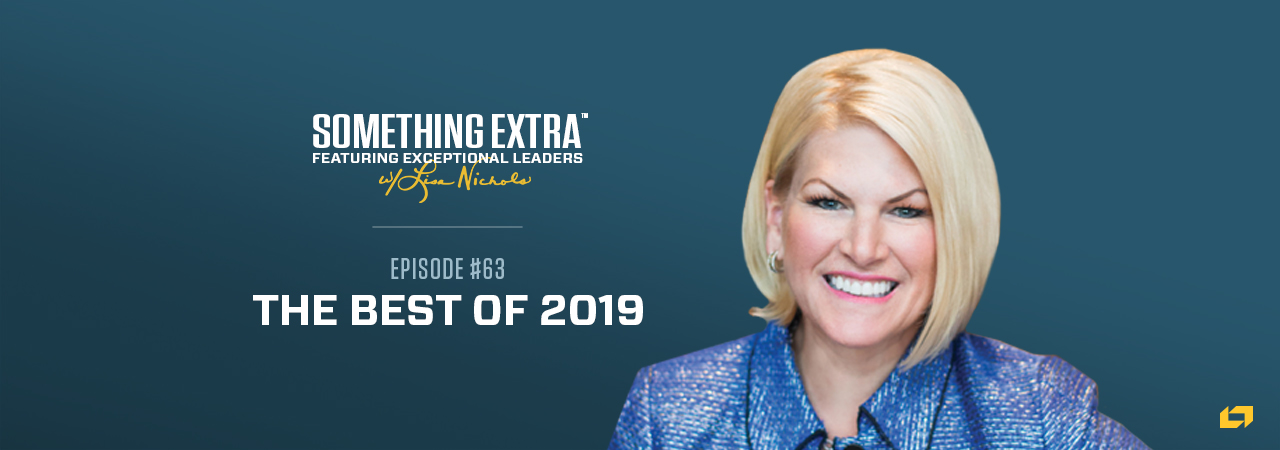 "Something Extra episode 63" blue podcast banner for the best of 2019 episode. Includes an image of Lori Nichols, CEO of technology Partners