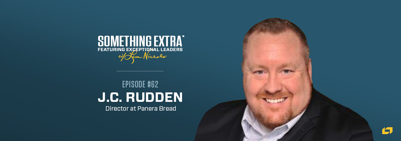 "Something Extra episode 62" blue podcast banner with an image of a man, J.C. Rudden