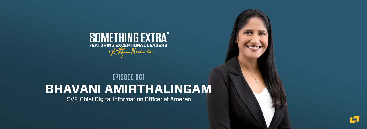 "Something Extra episode 61" blue podcast banner with an image of a woman, Bhavani Amirthalingam