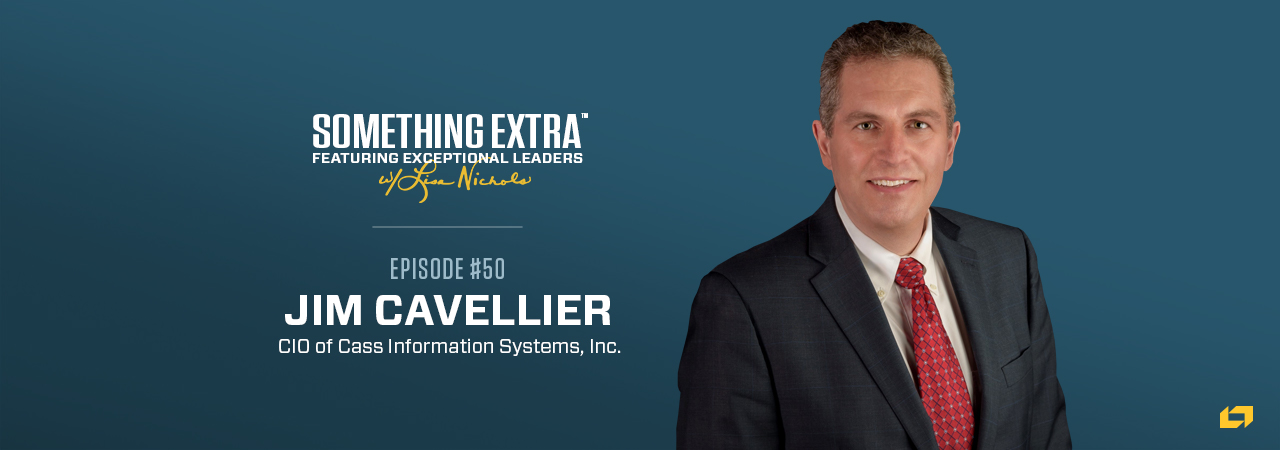 "Something Extra episode 50" blue podcast banner with an image of a man, Jim Cavellier