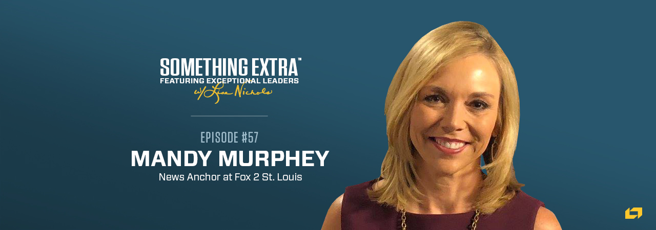 "Something Extra episode 57" blue podcast banner with an image of a woman, Mandy Murphey