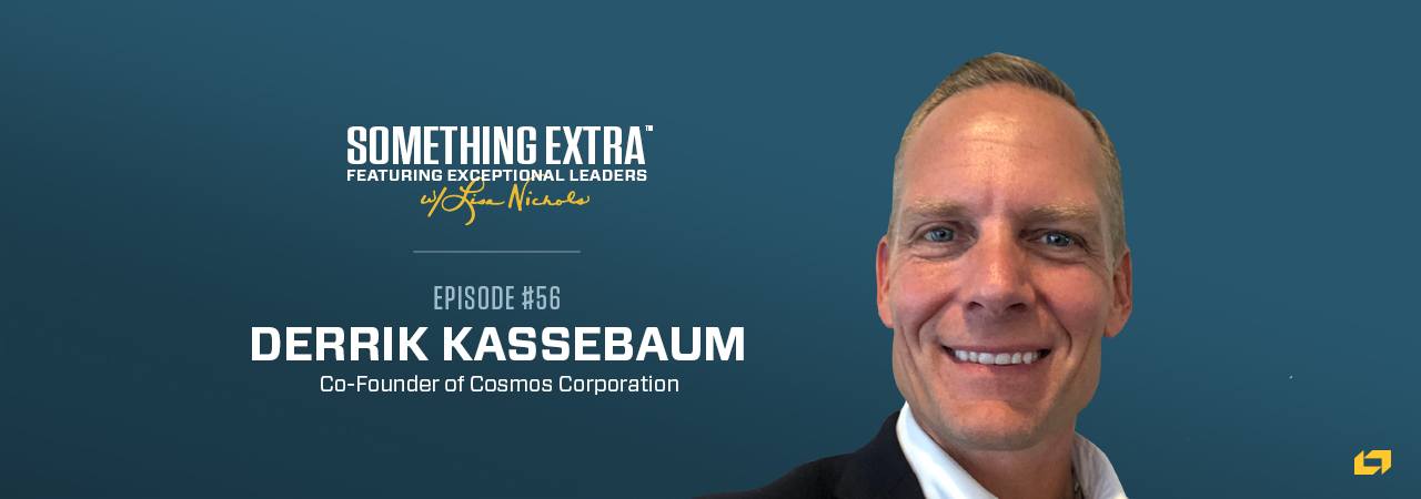 "Something Extra episode 56" blue podcast banner with an image of a man, Derrik Kassebaum