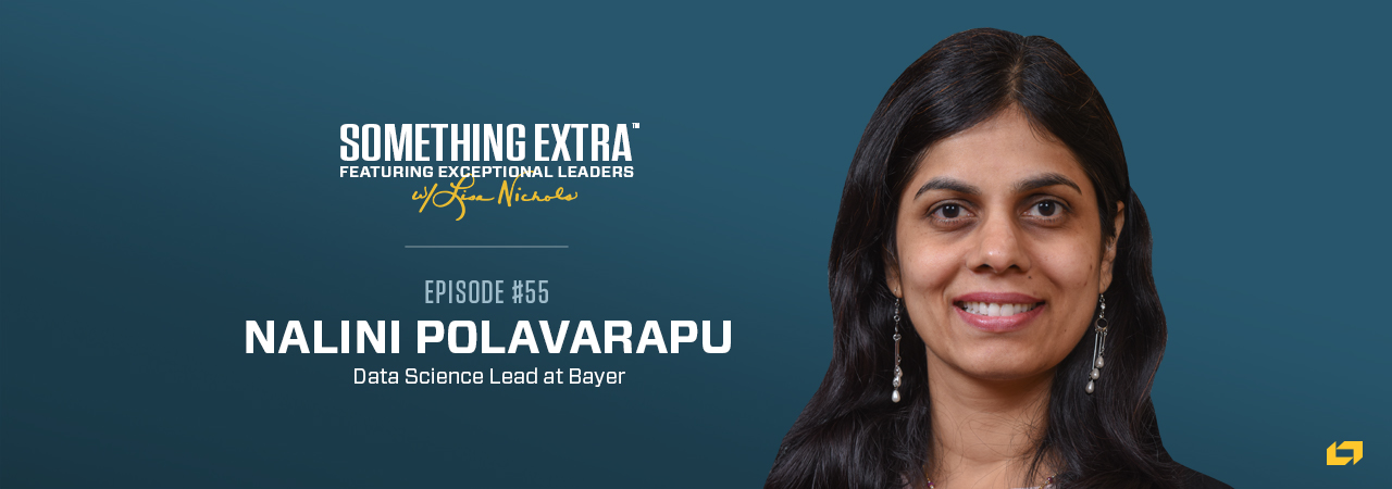 "Something Extra episode 55" blue podcast banner with an image of a woman, Nalini Polavarapu