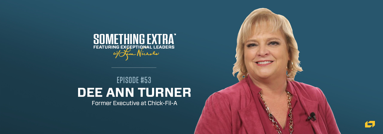 "Something Extra episode 53" blue podcast banner with an image of a woman, Dee Ann Turner