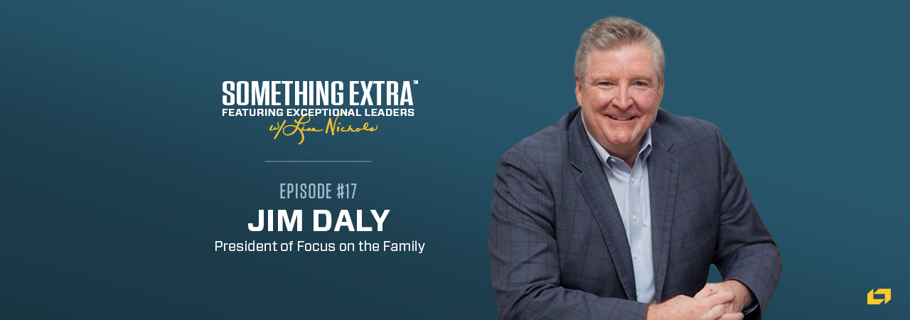 "Something Extra episode 17" blue podcast banner with an image of a man, Jim Daly