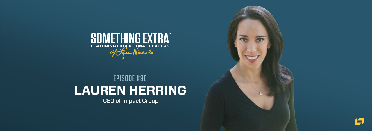 "Something Extra episode 90" blue podcast banner with an image of a woman, Lauren Herring