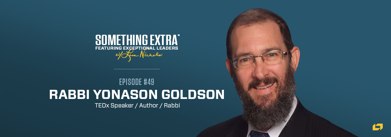 "Something Extra episode 49" blue podcast banner with an image of a man, Rabbi Yonason Goldson