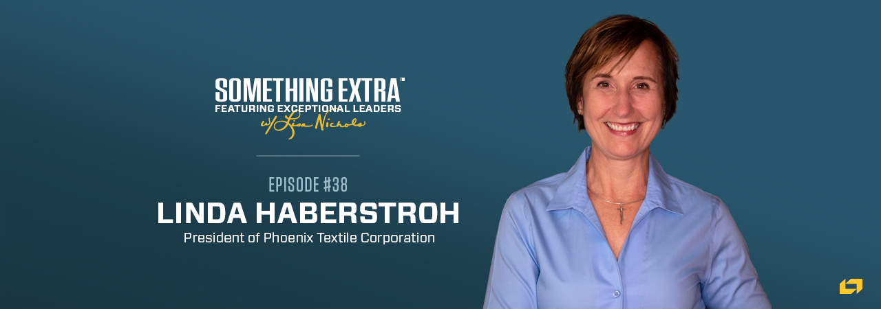 "Something Extra episode 38" blue podcast banner with an image of a woman, Linda Haberstroh