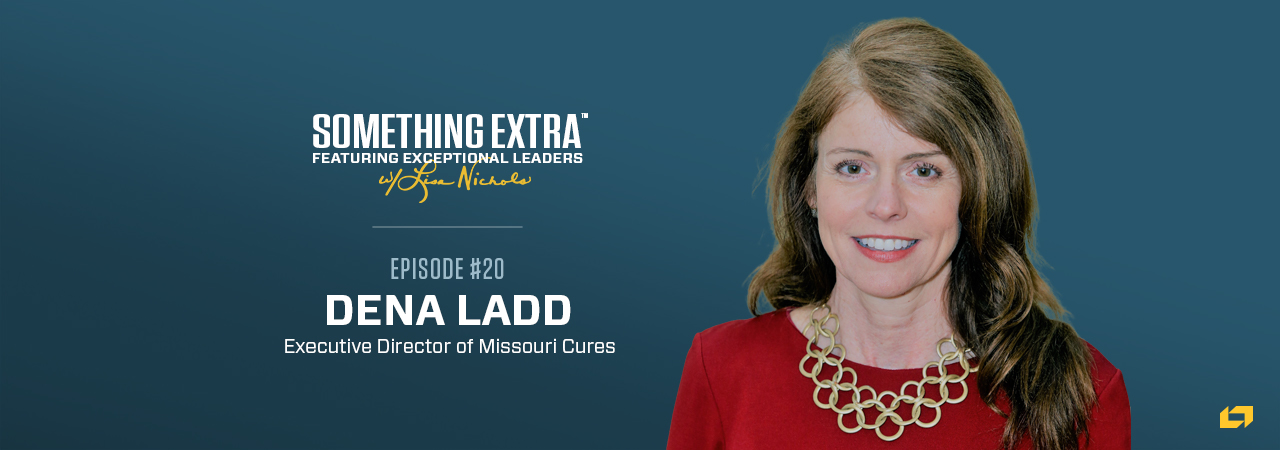 "Something Extra episode 20" blue podcast banner with an image of a woman, Dena Ladd