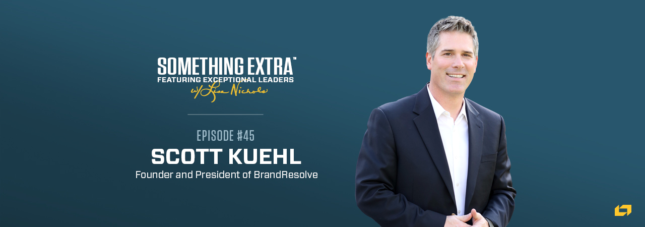 "Something Extra episode 45" blue podcast banner with an image of a man, Scott Kuehl
